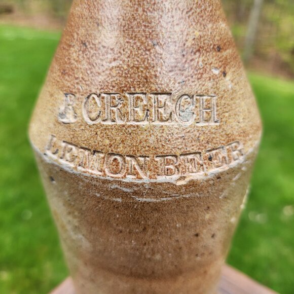 R Creech Lemon Beer Salt Glazed Stoneware Bottle West Troy NY Antique Americana